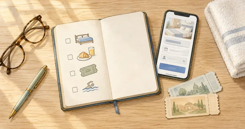 客室・朝食・入場券・入浴の確認項目を描いた旅行ノートと予約用スマートフォン