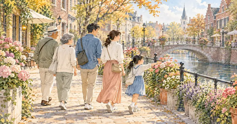 花の咲く運河沿いの街並みを歩く、祖父母と両親と子供の三世代家族