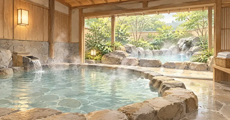 ホテルの温泉設備をイメージした、湯けむりの立つ内風呂と庭に面した露天風呂