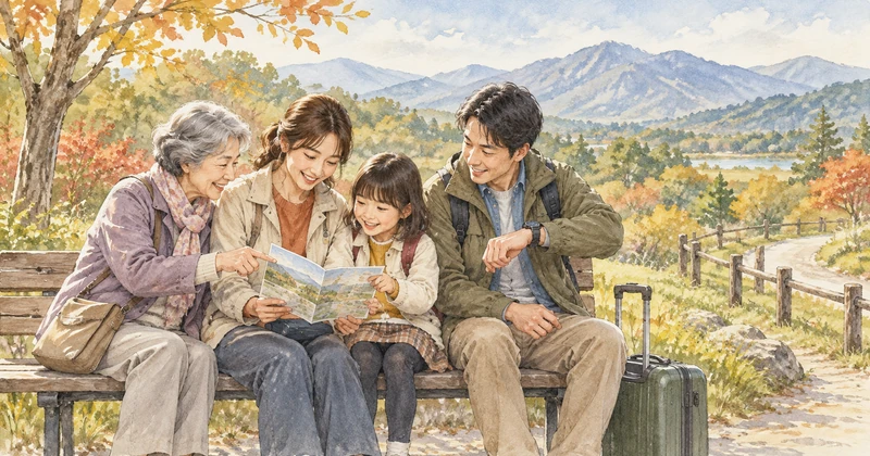 高原のベンチで温泉旅行の予定を確認する三世代家族のイメージ