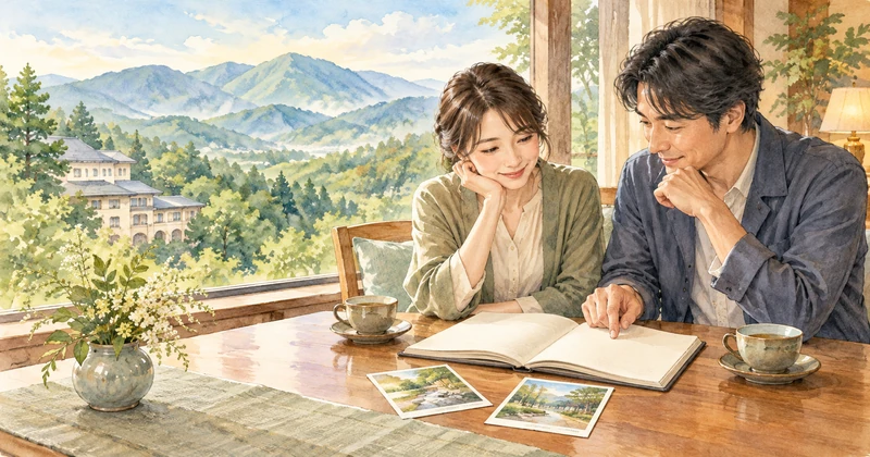 ホテルフロラシオン那須の温泉旅行に向け、窓辺で宿選びを相談する夫婦のイメージ