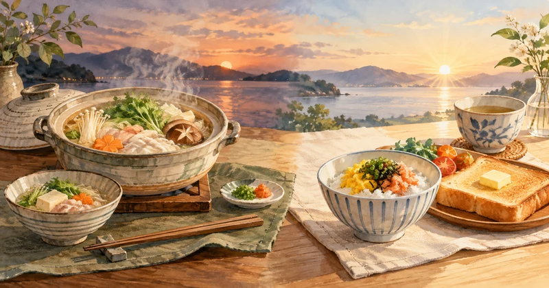 ホテルニューもみぢの夕食と朝食を解説する鍋料理と朝食のイメージイラスト