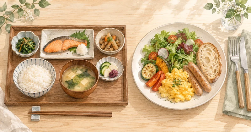 ホテルニューもみぢの食事選びを考える和食膳と自由に盛り付けた料理のイメージ