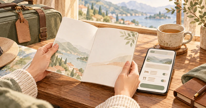 ホテルニューもみぢの食事付きプランを確認する旅行冊子とスマートフォンのイメージ