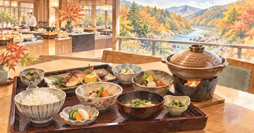 ホテルニューもみぢの食事紹介用に描いた和食膳とバイキングのイメージイラスト