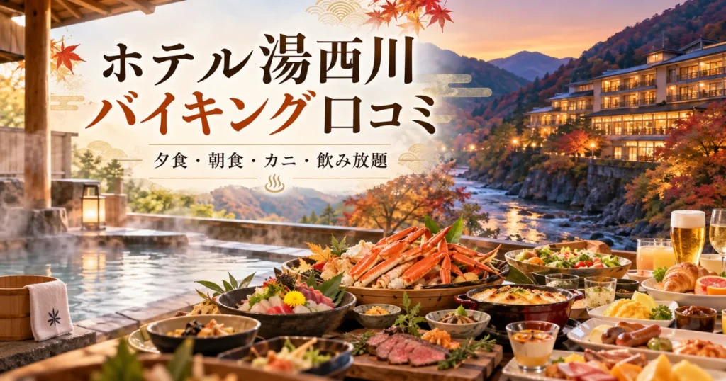 ホテル湯西川のバイキング口コミと夕食・朝食・カニ・飲み放題を紹介するイメージ画像