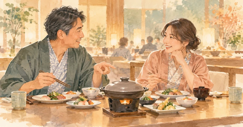 ホテル一萬亭のバイキング選びを紹介する夫婦と鍋料理のイメージ