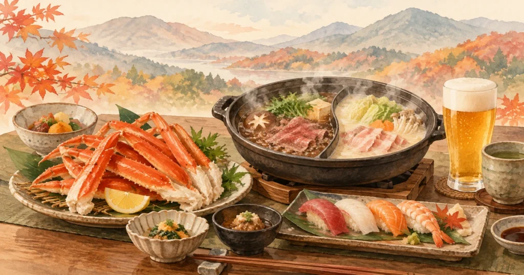 ichimantei-buffet-crab-drinks-eyecatch.webp ホテル一萬亭のバイキングを紹介するカニと二色鍋、寿司、ビールのイメージ