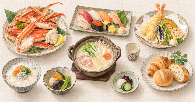 ホテル一萬亭のバイキングメニューを紹介するカニ、寿司、天ぷら、豆乳鍋のイメージ