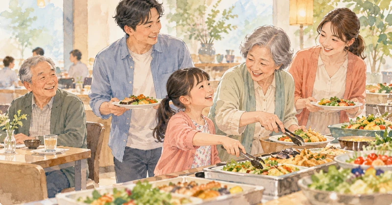 ホテル一萬亭の子連れバイキングを紹介する三世代家族のイメージ