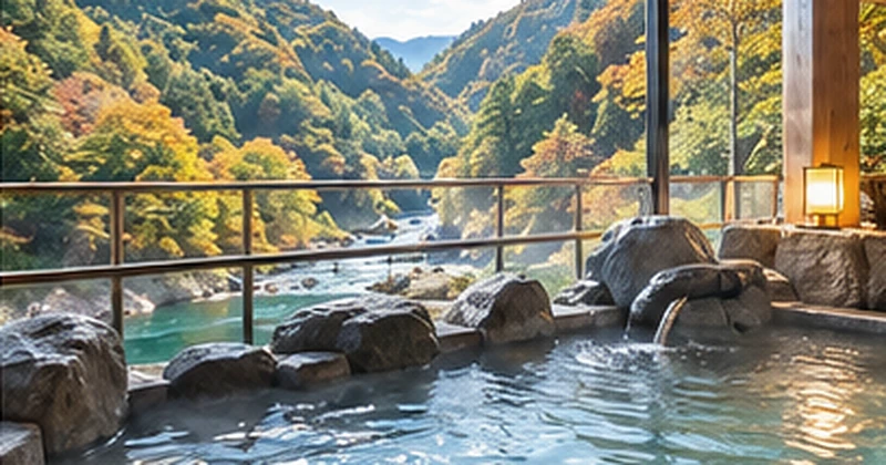 一柳閣本館の温泉と貸切風呂を解説する渓流沿いの露天風呂のイメージ