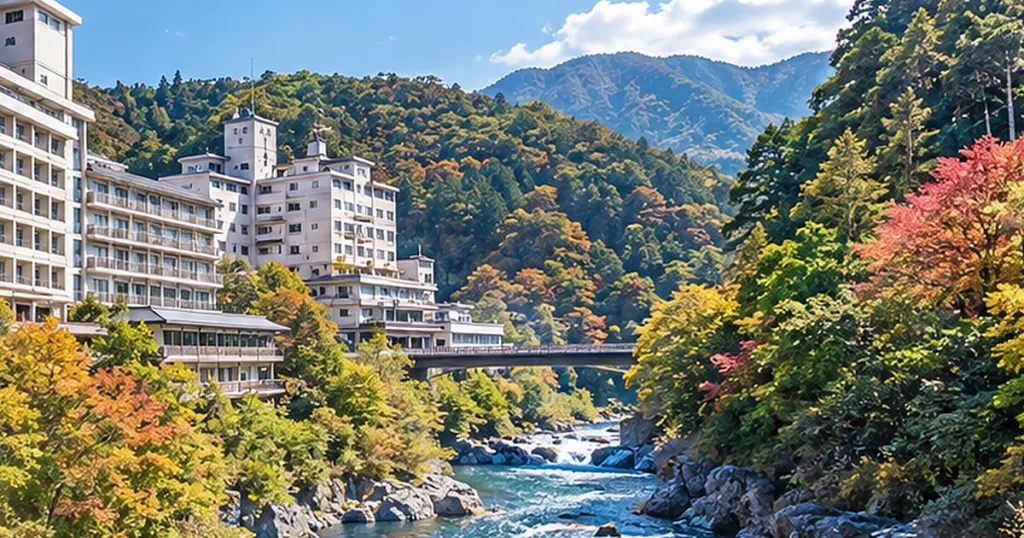 川治温泉の渓谷と温泉ホテルを描いた一柳閣本館口コミガイドのイメージ