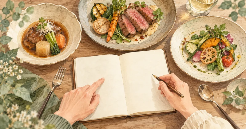 那須ペーパームーンの夕食選びをイメージした、料理の皿とノートを囲む手元のイラスト