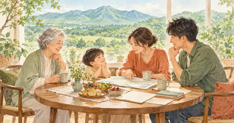 那須ペーパームーンの家族旅行を検討する、食卓で旅の予定を相談する三世代のイラスト