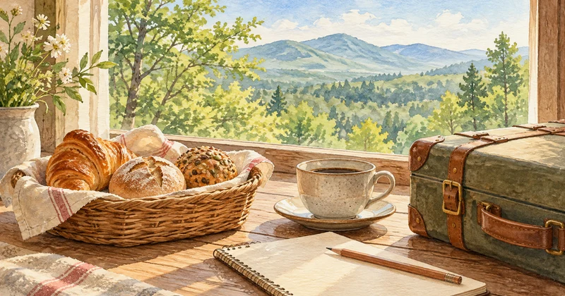 那須ペーパームーンの朝食をイメージした、窓辺のパンとコーヒーと旅行かばんのイラスト