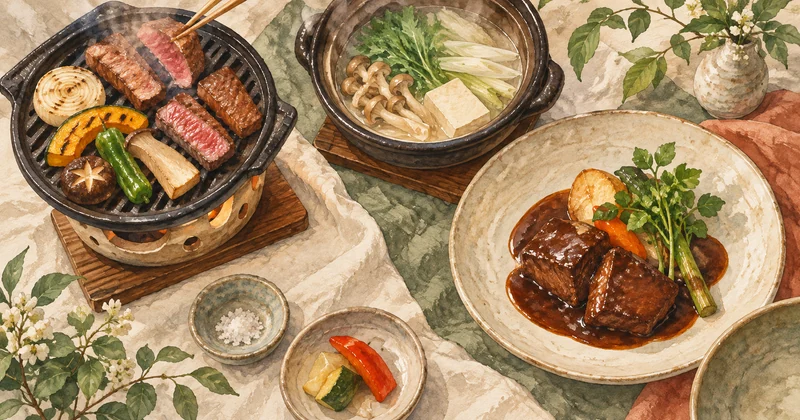 papermoon-nasu-dinner-menu-comparison.webp 那須ペーパームーンの食事比較をイメージした、焼肉と鍋と煮込み料理のイラスト