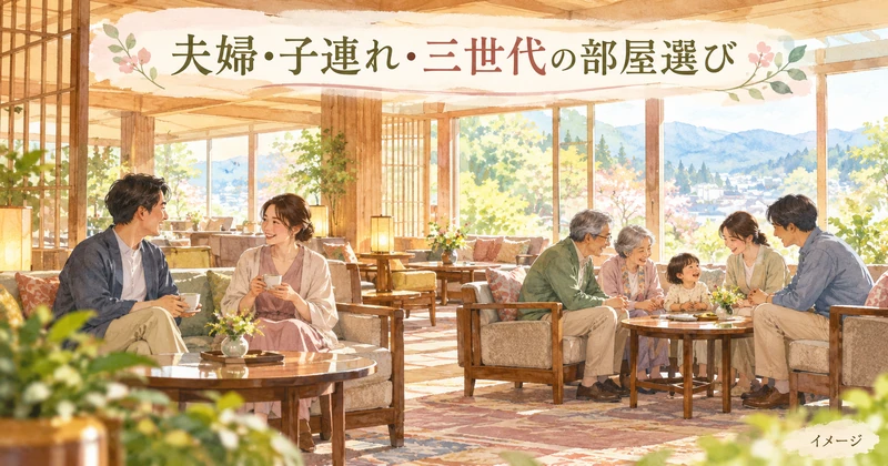 夫婦旅行と子連れ・三世代旅行をイメージしたラウンジのイラスト