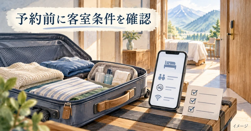 予約前の客室条件を確認するスマートフォンとチェックリスト、旅行用スーツケースのイラスト