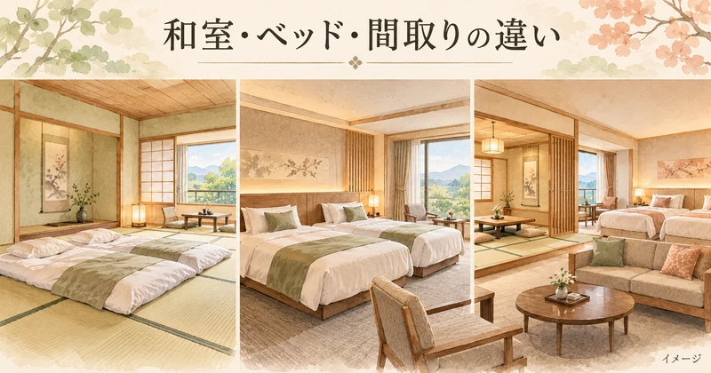 和室の布団・ツインベッド・リビング付き客室の違いを表したイラスト