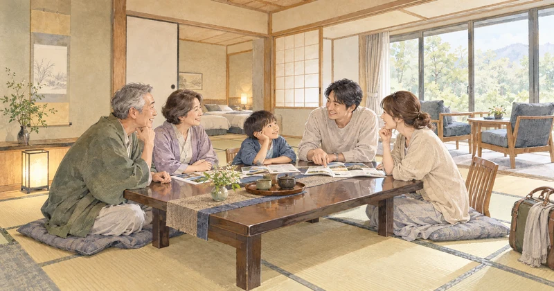 光雲荘の部屋選びを相談する三世代家族のイメージイラスト