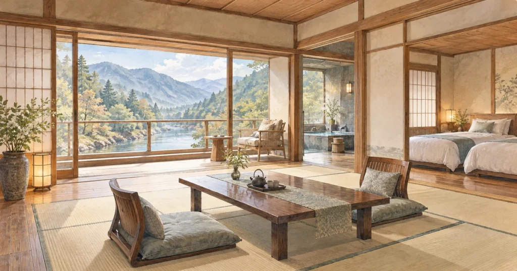 光雲荘の部屋の違いを紹介する記事用の和室とベッド、浴室のイメージイラスト