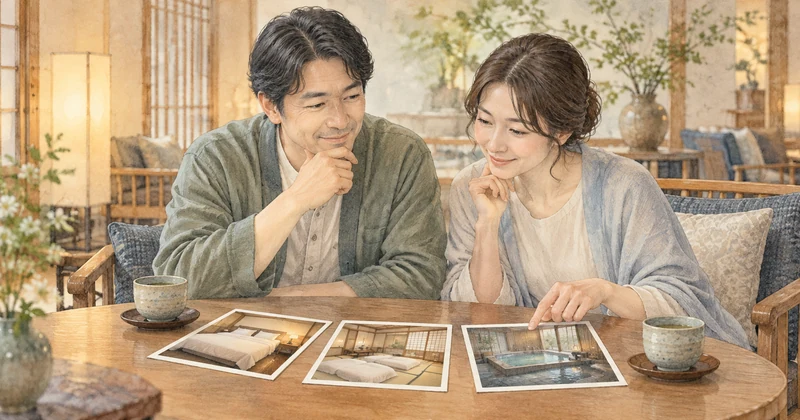 光雲荘の部屋選びを相談しながら客室の写真を見比べる夫婦のイメージ