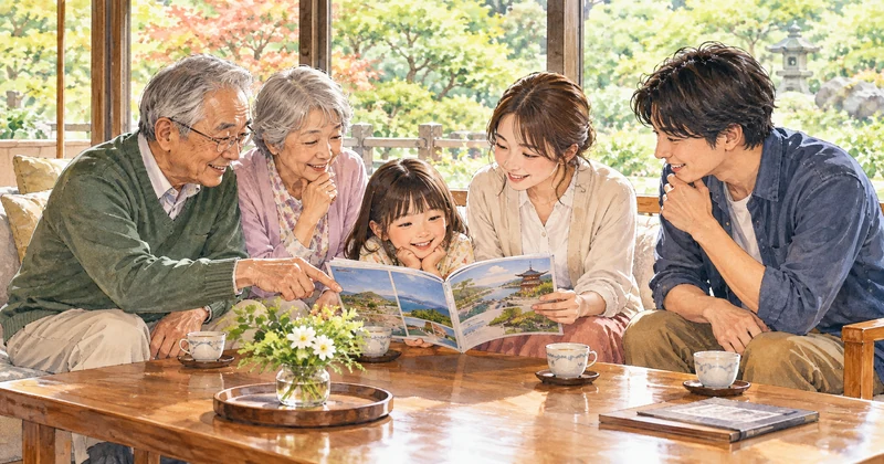 香湯楼井川での家族旅行を検討する、冊子を囲んで相談する三世代のイラスト