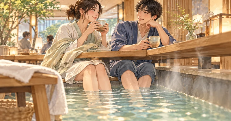 香湯楼井川の足湯での過ごし方をイメージした、飲み物を手にくつろぐ二人のイラスト