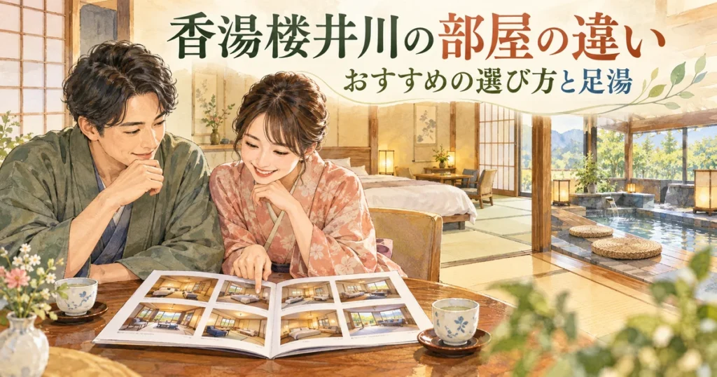 香湯楼井川の部屋の違いと足湯の選び方を紹介する、客室の冊子を見る夫婦のイラスト