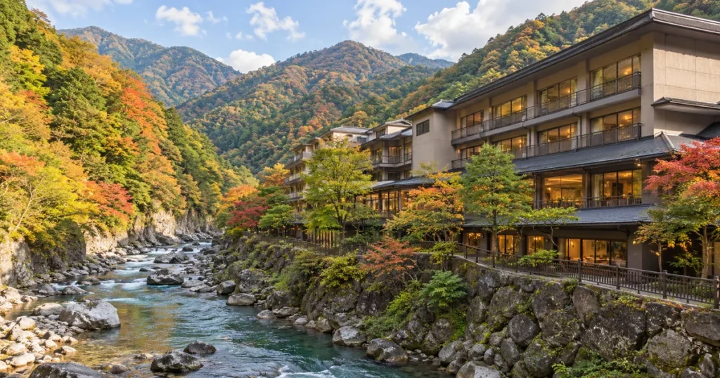 リブマックスリゾート川治の記事用に制作した川治温泉の渓谷沿いにある温泉宿のイメージ