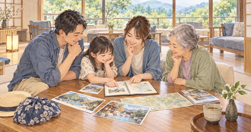 まじま荘の温泉旅行の計画を相談する三世代家族のイメージ