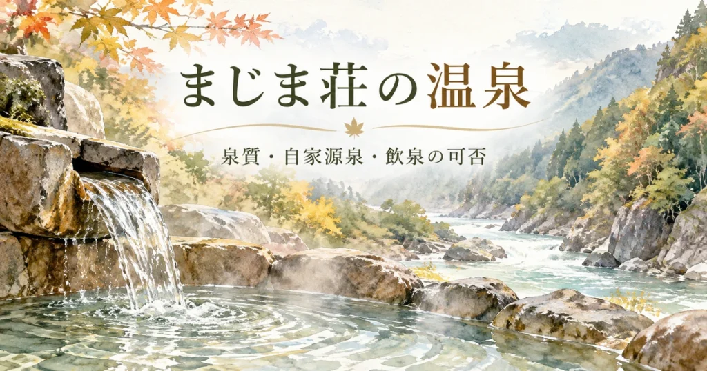 まじま荘の温泉記事を彩る湯口と秋の渓谷のイメージ