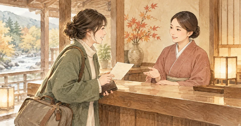 明賀屋本館の予約前の確認をイメージした受付で質問する旅行者