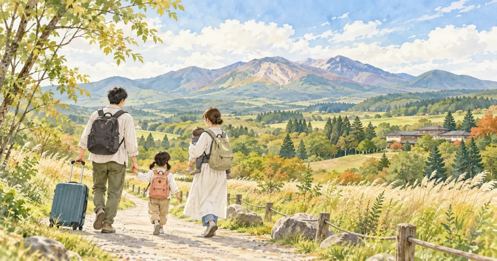 那須温泉への子連れ旅行で高原の宿へ向かう家族のイメージ