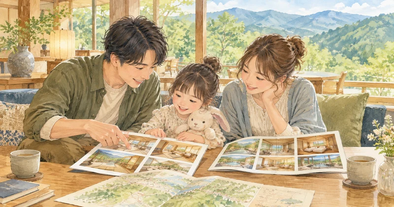 那須温泉の子連れホテルをパンフレットで比較する親子のイメージ