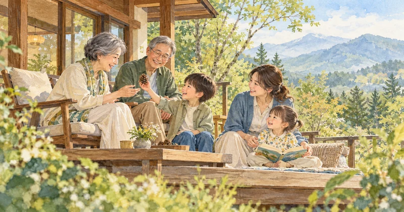 那須の温泉宿のテラスでくつろぐ三世代家族のイメージ