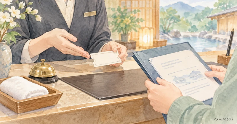 乃木温泉ホテルの宿泊者がフロントでゆの郷の入浴券と利用条件を確認するイメージ