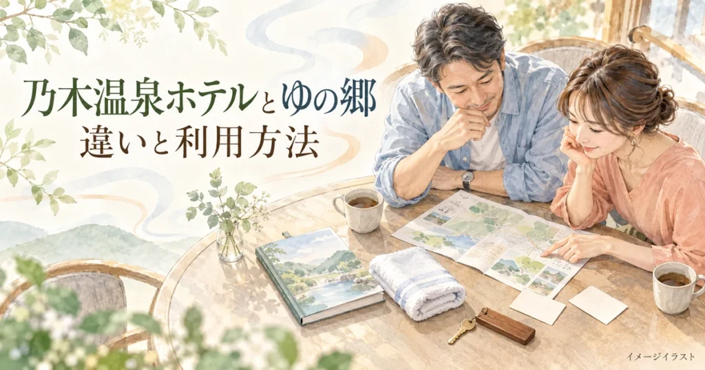 乃木温泉ホテルとゆの郷の違いを調べながら温泉旅行を計画する夫婦のイメージ