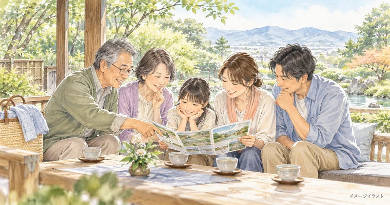 乃木温泉ホテルとゆの郷の利用方法を相談する子連れの三世代家族のイメージ