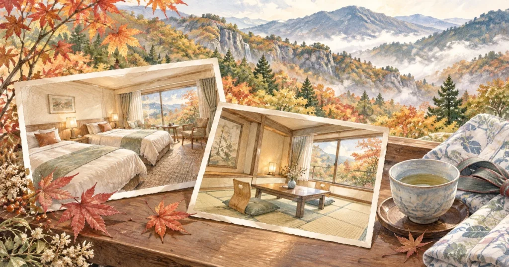 奥塩原高原ホテルの部屋の違いを紹介する、洋室と和室の絵はがきのイメージ