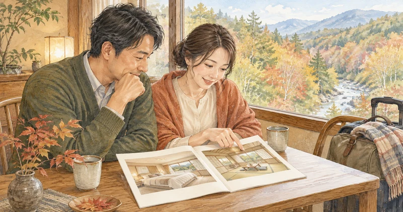 奥塩原高原ホテルの部屋選びを考え、客室の冊子を見比べる夫婦のイメージ