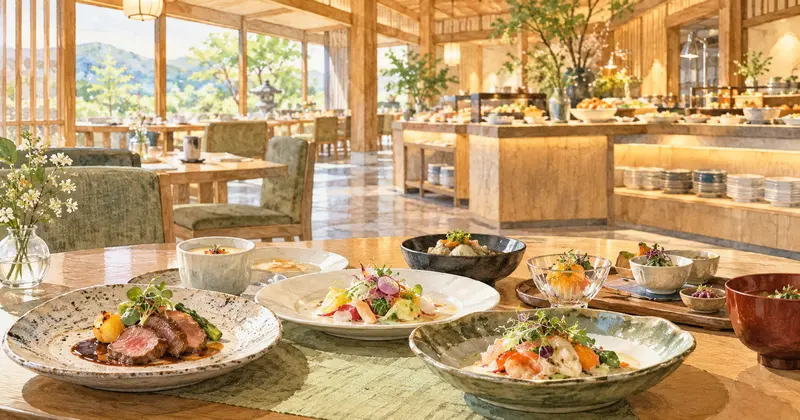 温泉宿のバイキング会場と少量ずつ盛り付けた和洋料理のイメージ