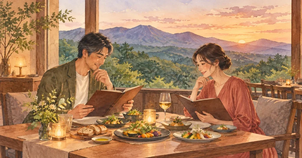那須ペーパームーンの食事選びをイメージした、高原の食卓で献立を見る夫婦のイラスト