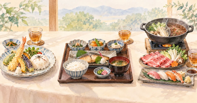 伊東園ホテル塩原・ニューもみぢ・一萬亭の夕食形式を表すバイキング・和食膳・二色鍋のイメージ