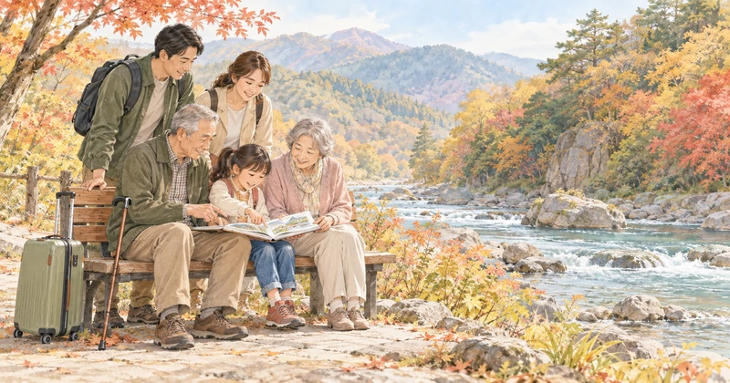 塩原温泉の川沿いで旅行の冊子を囲み、宿選びを相談する三世代家族のイメージ