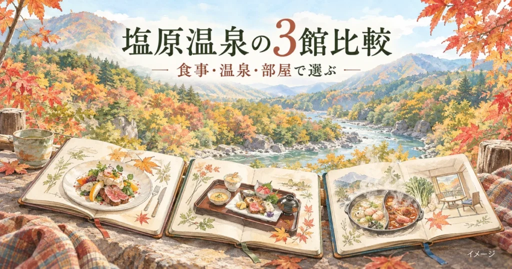 塩原温泉の山と川を背景に、伊東園ホテル塩原・ニューもみぢ・一萬亭の食事の違いを表した比較イメージ