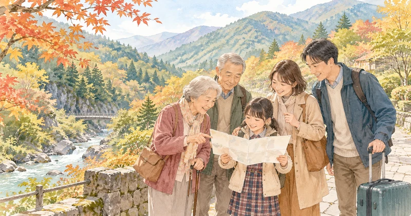塩原温泉ホテルおおるりを検討する三世代家族が旅の計画を相談するイメージ