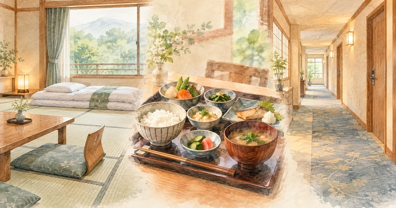 塩原温泉ホテルおおるりの口コミで確認したい客室・食事・静けさを表すイラスト