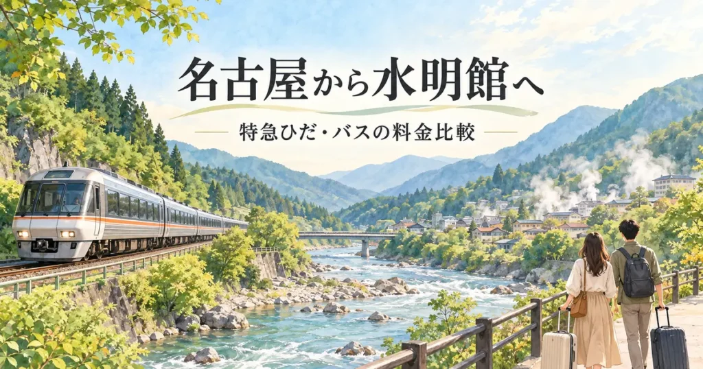 名古屋から水明館へのアクセスを紹介する、特急列車と川沿いの温泉街のイメージ