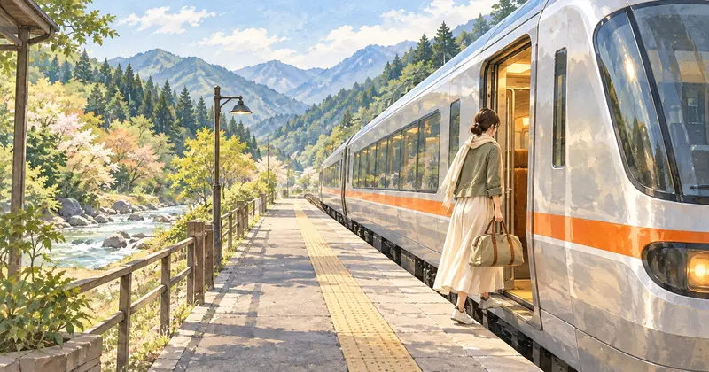 特急ひだで水明館へ向かう旅をイメージした、列車に乗り込む旅行者